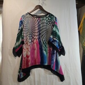 Madison Paige Kaleidoscope Print Sheer Tunic Top Kimono Sleeve Black Trim Size S